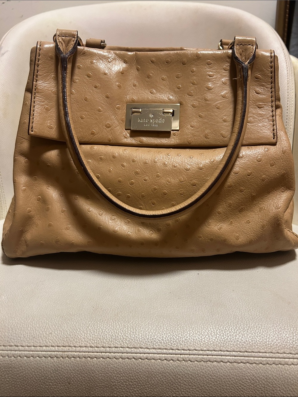kate spade Camel Tan Ostrich-Texture Satchel with Gold Plaque